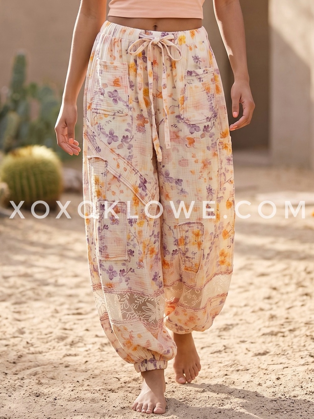 POL Pink Floral Patchwork Balloon Leg Joggers | Boho Cotton Pull On Pants